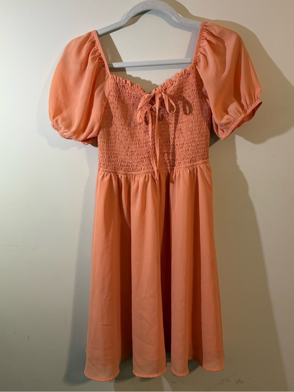 Byinns dress women’s small smocked babydoll‎ peach puff sleeves sweetheart neck